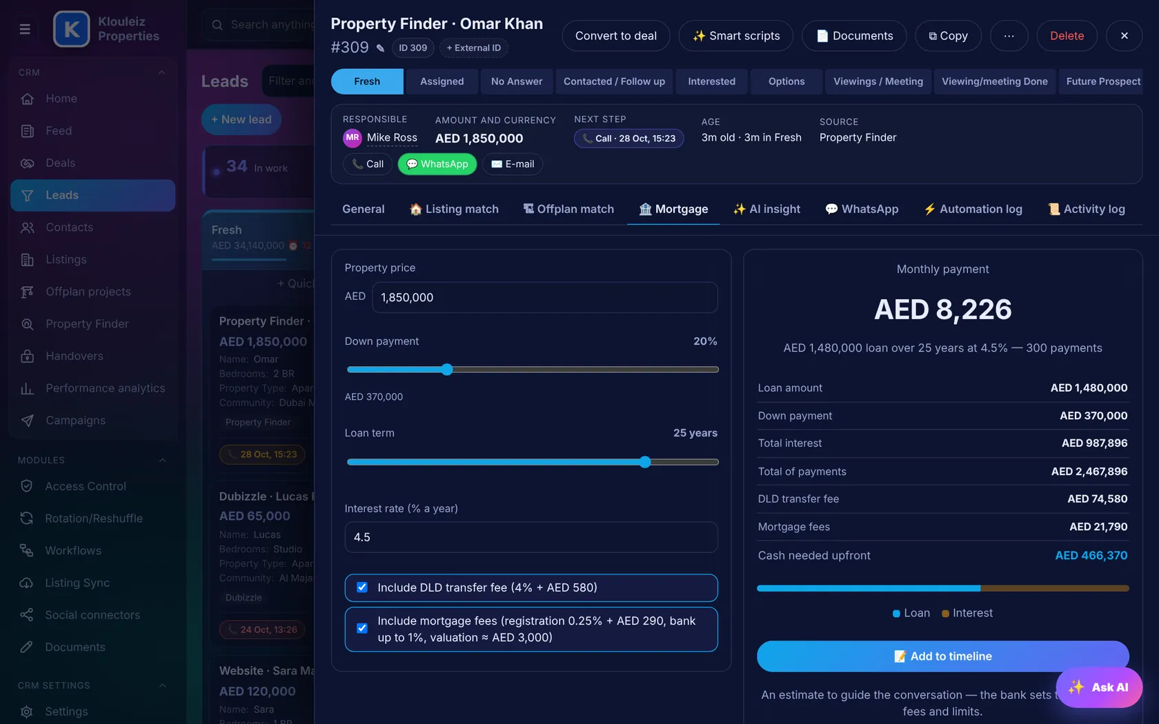 Mortgage calculator in a Klouleiz CRM lead